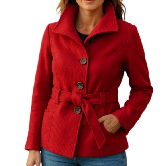 SOIA & KYO Deep Red Ribbed Wool Blend Belted Jacket Coat High Neck Pockets M - Picture 1 of 11